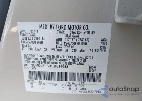 2014 Lincoln Mkx из США, поврежденный, VIN 2LMDJ6JKXEBL14083